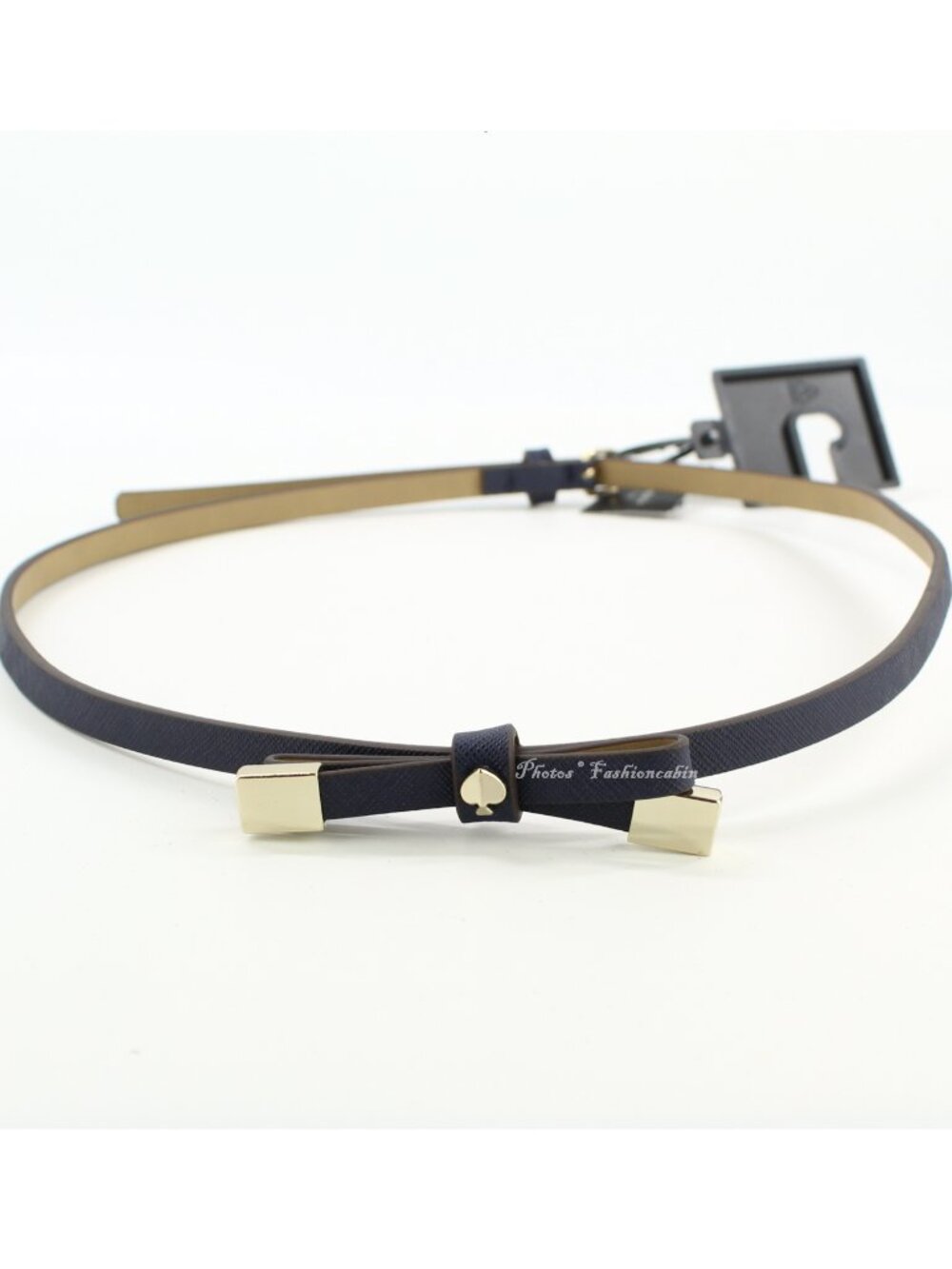 NEW Kate Spade 8mm Goldtone Tips Logo Spade Skinny Bow Belt, Blazer Blue